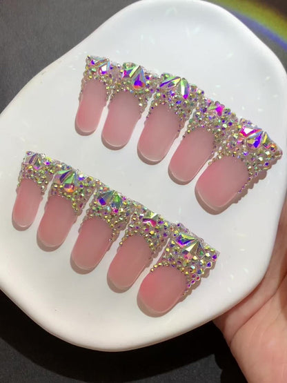 Press On Nails Duckbill French Tip AB Diamond Shiny Nude – Long Handmade Wearable Nail Set 10pcs with Tools for Wedding Party Date School S/M/L