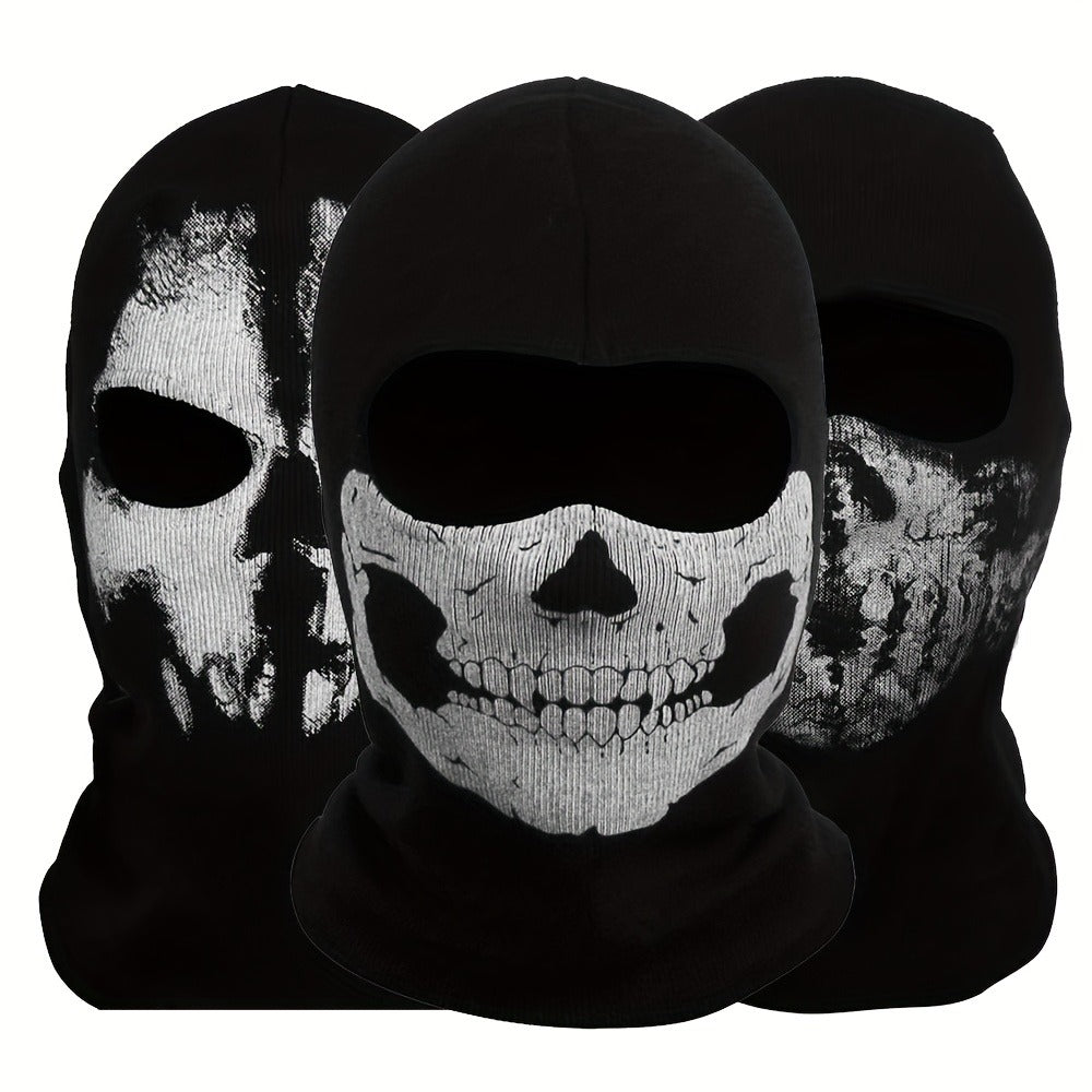 Printed Skull Balaclava Mask in Two Black Designs, Full-Face Stretch Fabric for Adult Costume Wear