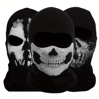 Printed Skull Balaclava Mask in Two Black Designs, Full-Face Stretch Fabric for Adult Costume Wear