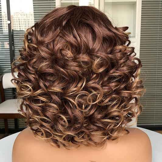 Short Curly Wig with Bangs for Women 14 Inch Jerry Curl Synthetic 13x1 Lace Front — Heat Resistant, Daily Wear Cosplay, Dark Brown Copper Red Dark Wine