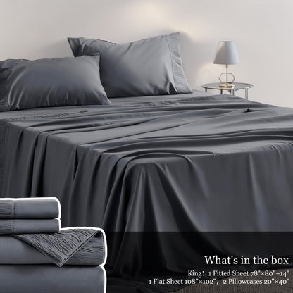 Sheet Set, Four-Piece Solid-Color Bedding with Deep-Pocket Fitted Sheet, Flat Sheet and Two Pillowcases