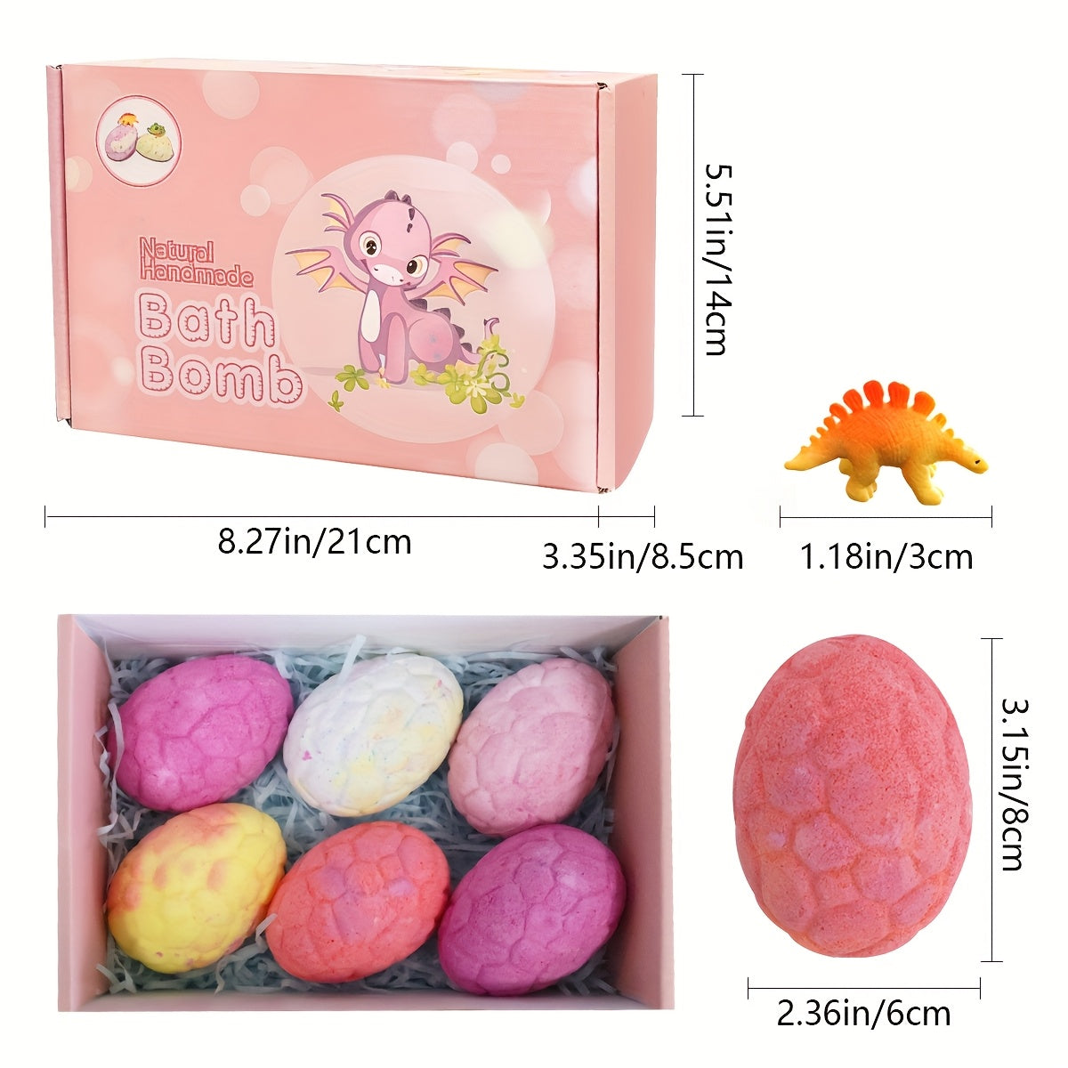 Bath Bombs, 6-Piece Pink Dinosaur Egg Surprise Gift Set with Colorful Fizzers, Hidden Toys and Box Packaging