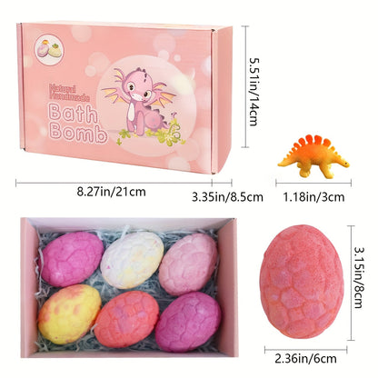 Bath Bombs, 6-Piece Pink Dinosaur Egg Surprise Gift Set with Colorful Fizzers, Hidden Toys and Box Packaging
