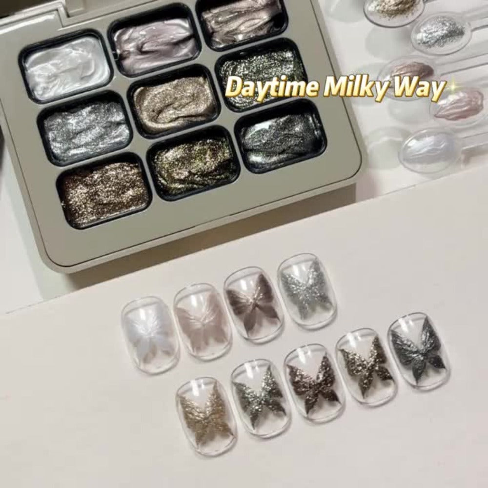 Shimmer Nail Art Gel Nine-Color Grid Palette with Metallic Neutral or Milky Way Color Selection