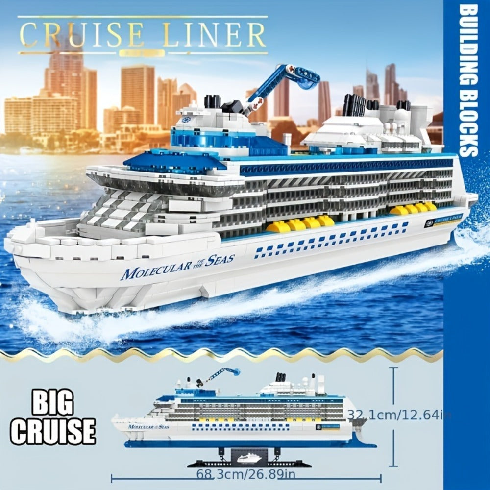 2428-Piece Cruise Ship Building Block Model with Black Display Stand, Lifeboats, Chimneys and Ocean-Liner Deck