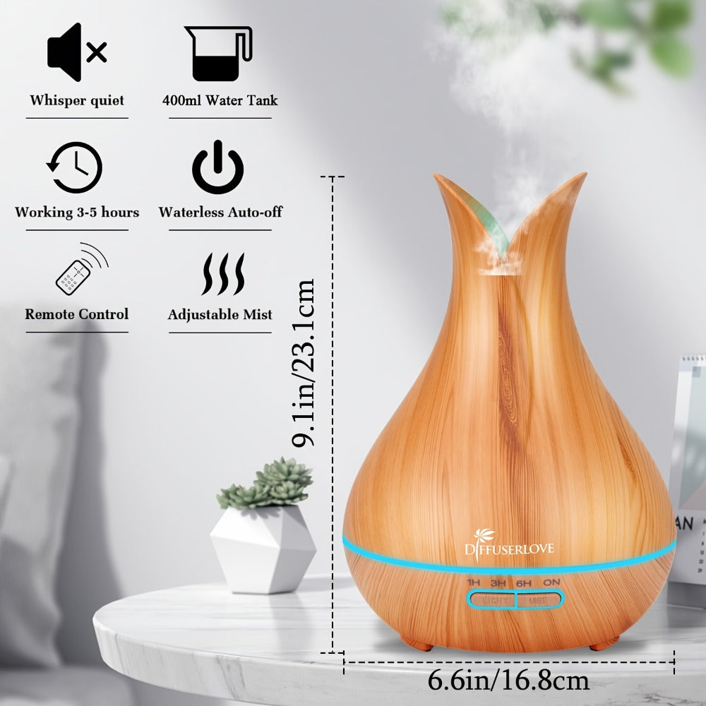 400ml Aroma Diffuser with Continuous or Intermittent Mist, Seven-Color Light, Three Timers, Remote and Eight Oils