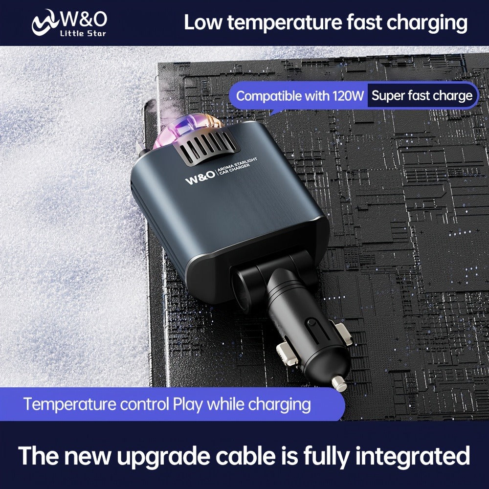 3-in-1 Car Charger, Air Freshener & Starry Sky Ceiling Light – Retractable Type-C & Lightning Cable, Aromatherapy Perfume, Purple Ambient Light, for iPhone & Android