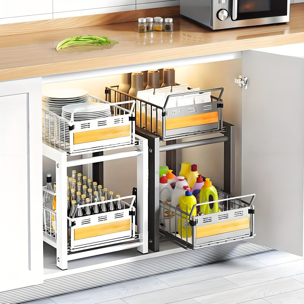 Two-Tier Pull-Out Cabinet Organizer with Dual Wire Baskets, 17.71 x 13.98 x 10.24 Inch Frame in Black or White