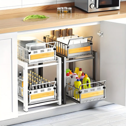 Two-Tier Pull-Out Cabinet Organizer with Dual Wire Baskets, 17.71 x 13.98 x 10.24 Inch Frame in Black or White