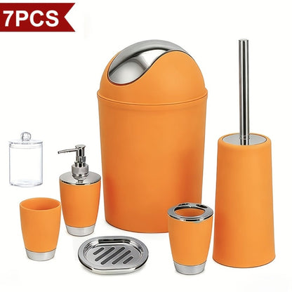 Seven-Piece Bathroom Accessory Set with Waste Bin, Toilet Brush, Dispenser and Containers in Seven Colors