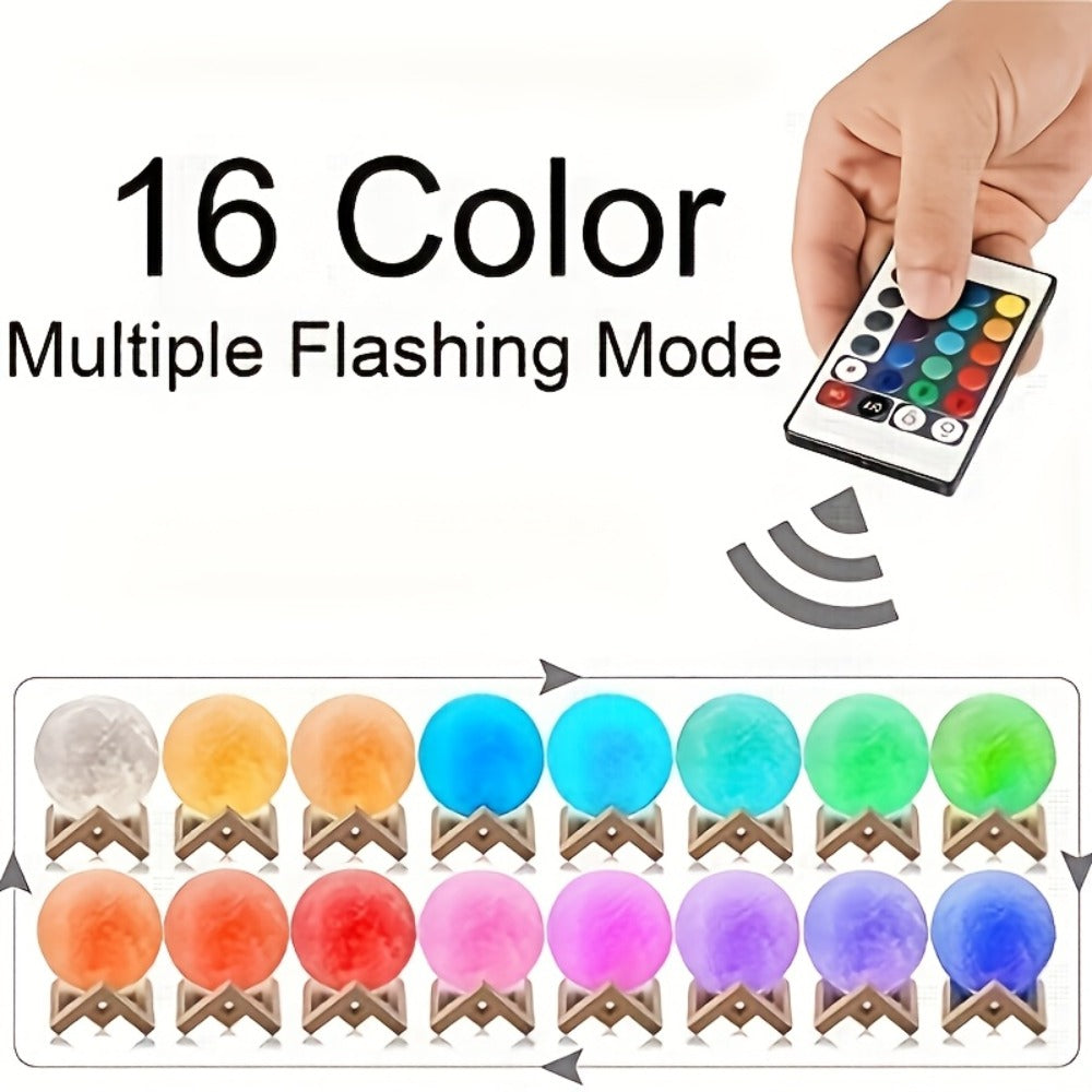 15cm Lunar Globe LED Night Light with Wood Stand, USB Rechargeable Power, Remote and 16 Colors