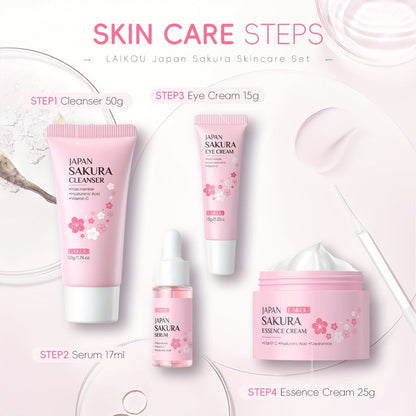 4-Piece Sakura Skincare Gift Set with Cleanser, Serum, Essence Cream and Eye Cream in Coordinated Pink Packaging