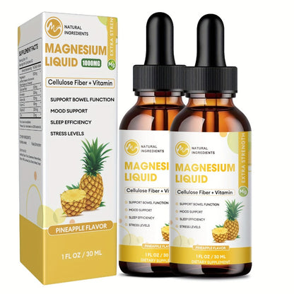 Liquid Magnesium Glycinate Drops 1000mg with Bromelain Cellulose Fiber Vitamin B6 C D & Zinc — Fast Absorbing Sleep Digestive & Immune Support Sugar-Free Pineapple Flavour 2-Pack 60 Servings