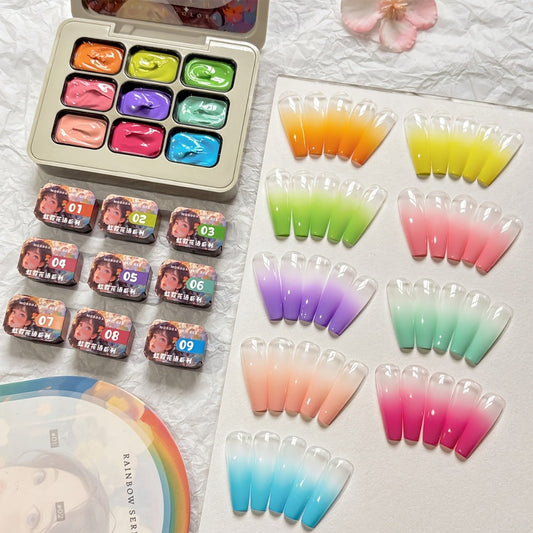 Gel Nail Polish MORDDA Nine-Color Rainbow Grid Set for Gradient and Ombre Manicure Art in One Compact Case