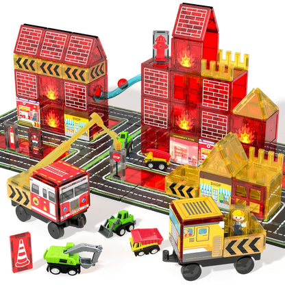 Magnetic Tiles 56-Piece Fire Station Building Set with Road Panels, Crane, Ramps and Vehicle Pieces