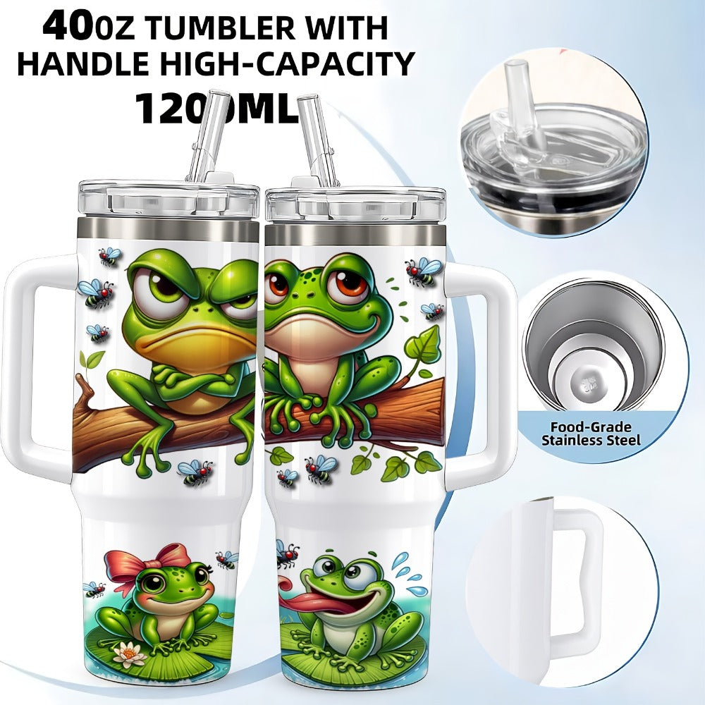 Frog Print Water Bottle Tumbler with Handle, Clear Foldable Straw and 16oz or 40oz Capacity Options