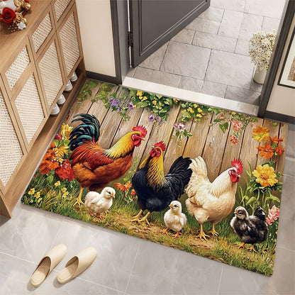 Rooster Farmhouse Kitchen Rugs in Round, Runner and 1- to 4-Piece Mat Set Size Options for Floors