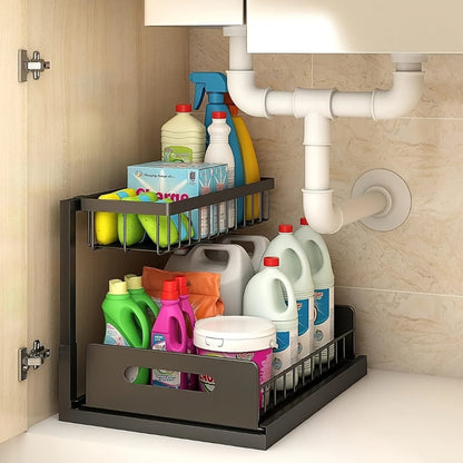L-Shaped Sliding Drawer Organizer – Heavy-Duty Under Sink Storage Rack, Space-Saving Cabinet Organizer for Kitchen, Bathroom, Garage & Workshop, Large Capacity, Black & White