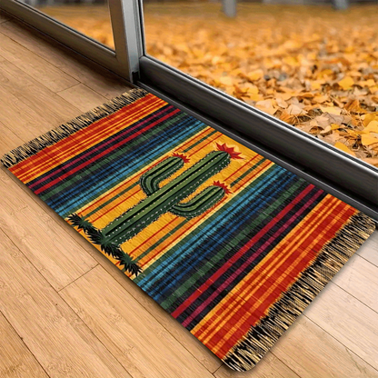 Mexican Cactus Flannel Area Rug Non-Slip Soft Absorbent Floor Mat for Indoor Entrance Kitchen Bathroom Bedroom Corridor Welcome Mat Colorful Stripes Boho Decor