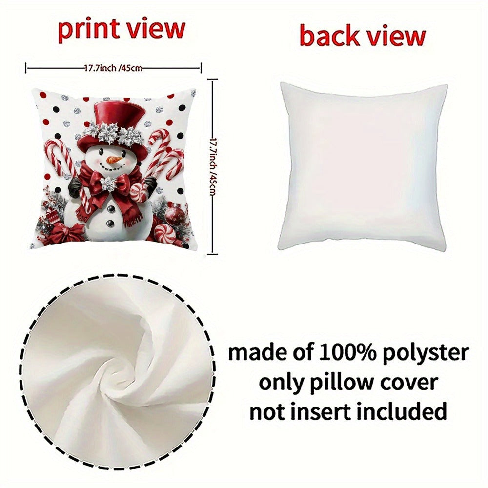 Four-Piece Christmas Pillow Cover Set, 18 x 18 Inches with Snowman, Candy Cane, Sleigh and Plaid Prints