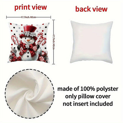 Four-Piece Christmas Pillow Cover Set, 18 x 18 Inches with Snowman, Candy Cane, Sleigh and Plaid Prints