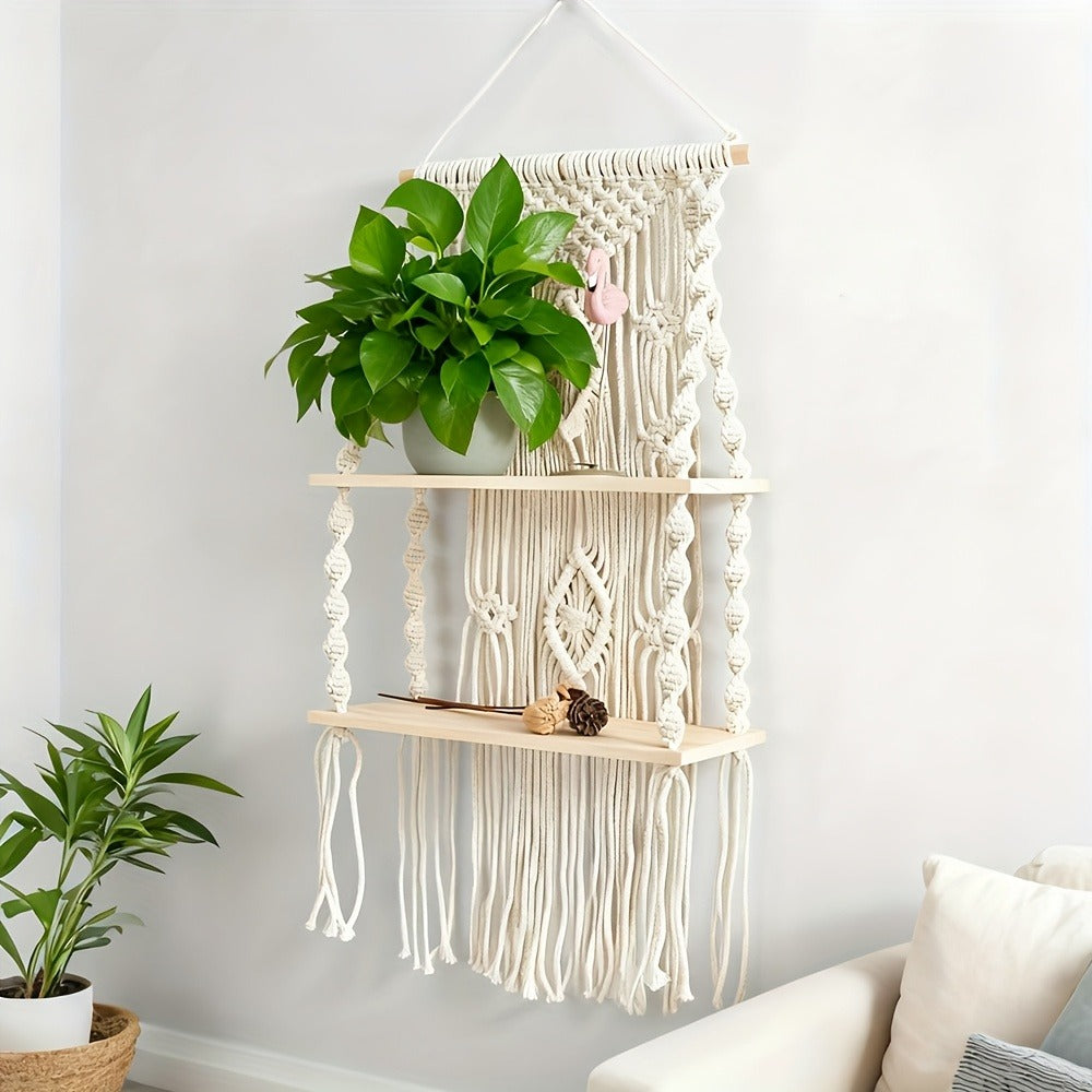 Macrame Wall Hanging with Tassel, Boho Woven Wall Decor for Living Room Bedroom Balcony, Two-Layer Lace Plant Hanger for Photo Frames & Small Plants – Bohemian Home Decor Wall Art