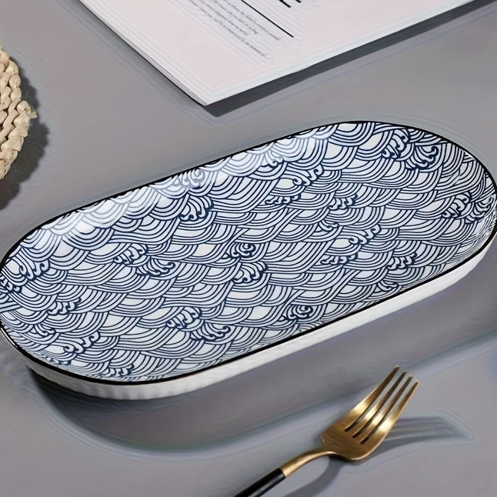 Four-Piece 12 Inch Blue and White Porcelain Fish Plate Set for Serving, Steaming and Oven Baking