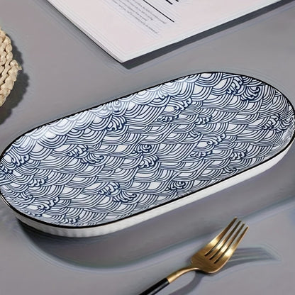 Four-Piece 12 Inch Blue and White Porcelain Fish Plate Set for Serving, Steaming and Oven Baking