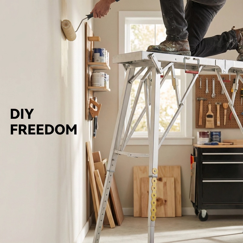 Aluminum Work Platform Height Adjustable Folding Portable Scaffold Bench Wide Base Safety Railing for Home Renovation RV Cleaning Window Painting 3 Sizes