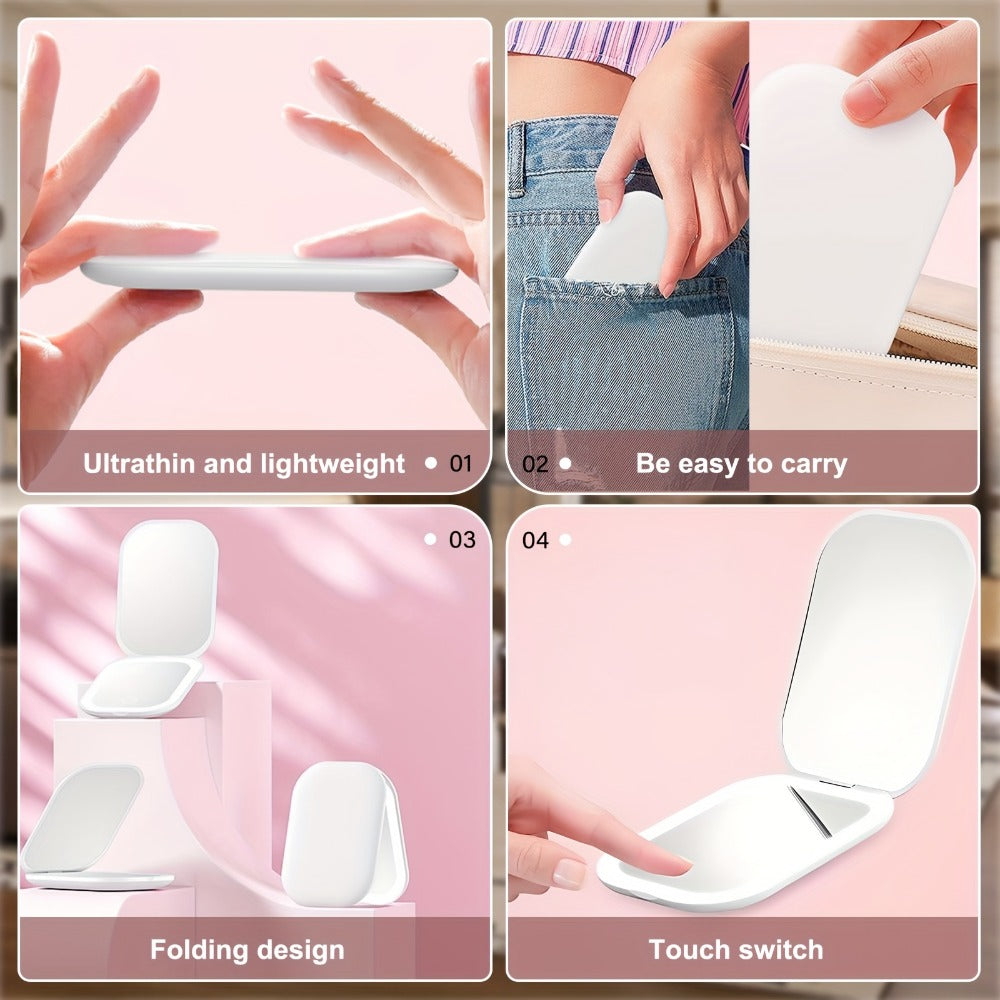 USB-Rechargeable LED Compact Mirror with 1X and 10X Sides, Three Light Colors and Pink or White Cases