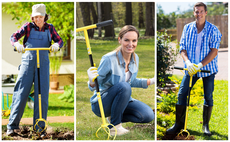 Yellow Manual Twist Tiller with Four Curved Soil Claws, T-Handle and Detachable Three-Section Shaft