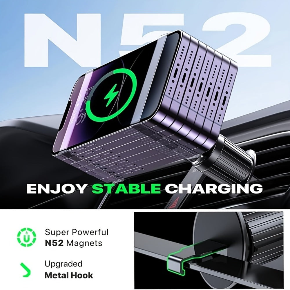 15W Magnetic Wireless Car Charger – Air Vent Mount with N52 Strong Magnet, Fast Charging for iPhone 17 Pro Max / 16 / 15 / 14 / 13 / 12 Series & MagSafe Cases, FCC & RoHS Certified