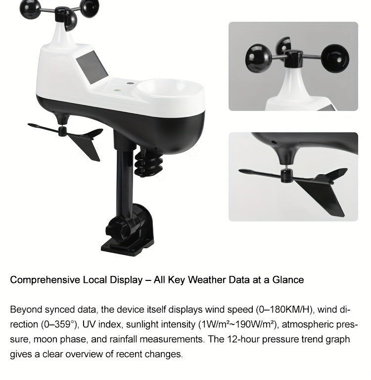 7-in-1 WiFi Weather Station with 7.5-Inch Color Display, Rain Collector, Wind Sensors and Tuya App