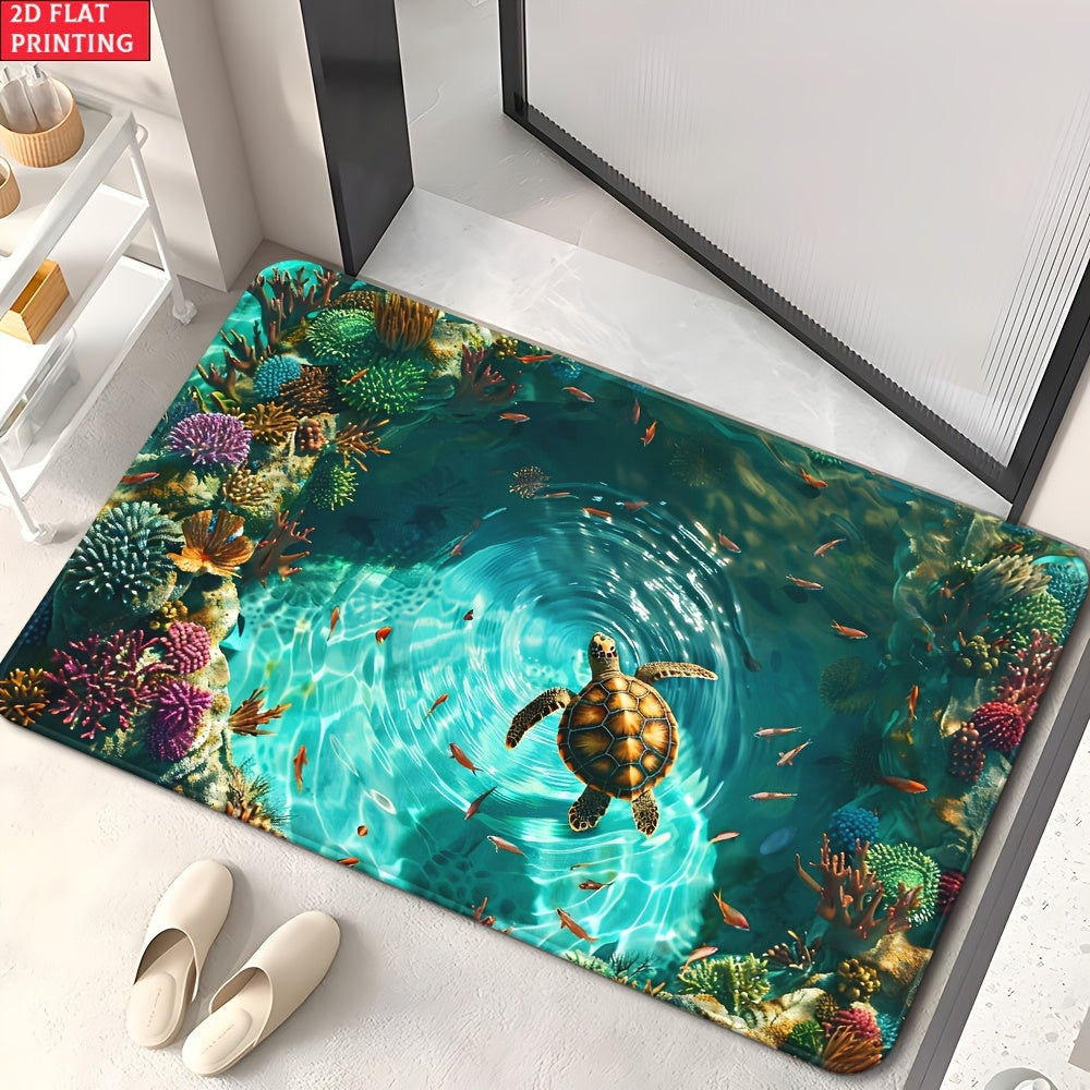 Sea Turtle Illusion Floor Mat with Tropical Reef Print in 15.75 x 23.62 or 19.68 x 31.49-Inch Sizes