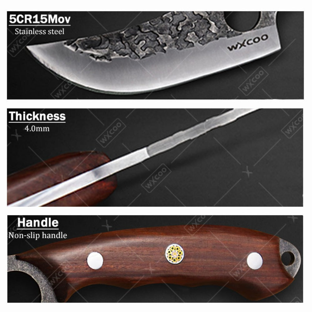 Viking Chef Knife Set 3/4pcs Hammered Stainless Steel Kitchen Knives – Boning, Utility & BBQ Knife with Wooden Handle for Cooking, Camping & Outdoor