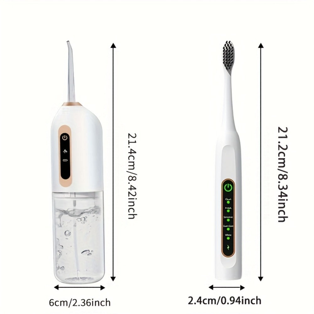 USB Rechargeable Electric Toothbrush and Water Flosser Set with Three Modes, Four Heads and Four Nozzles