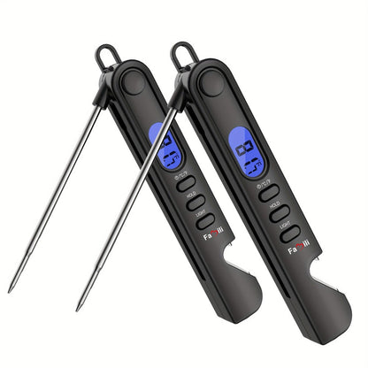 Black Folding Digital Food Thermometer with Backlit Display, Magnetic Back, Hanging Loop and One- or Two-Piece Options