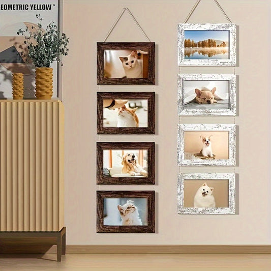 Picture Frame Set 4pcs Wooden Glass 4x6 with Flip-Top Display – Collage Photo Frames for Wall & Desktop, Interchangeable Mat, Home Decor Room Aesthetic – Wedding, Housewarming & Holiday Gift (White/Brown)