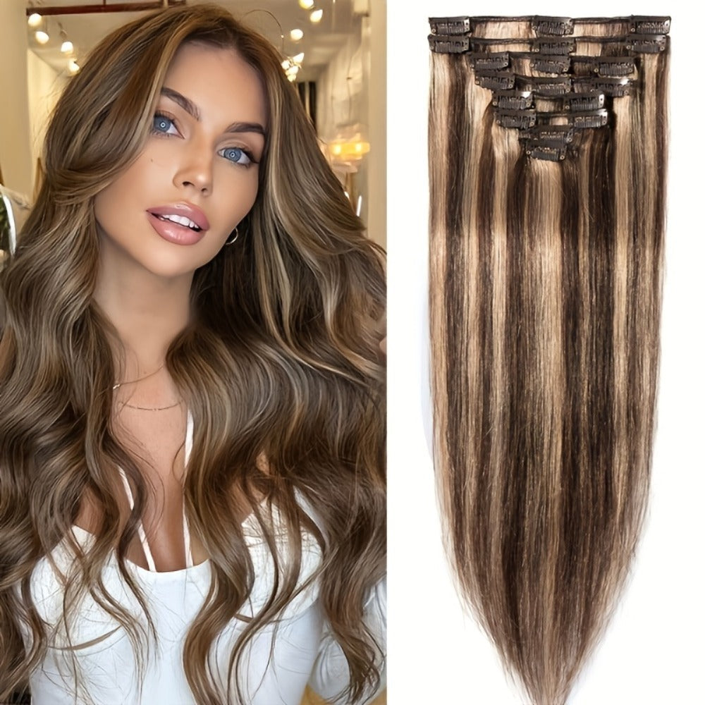 Hair Extensions Straight Remy Human Hair Clip-In Set with Eight Wefts, Highlighted Blonde Colors and 8–24-Inch Lengths