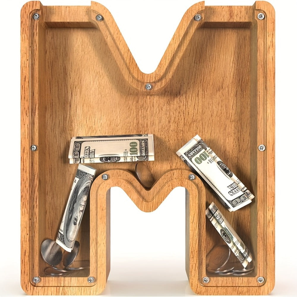 Wooden Alphabet Letter Coin Bank with Clear Front Panel and 23 Fixed Initial Options for Display
