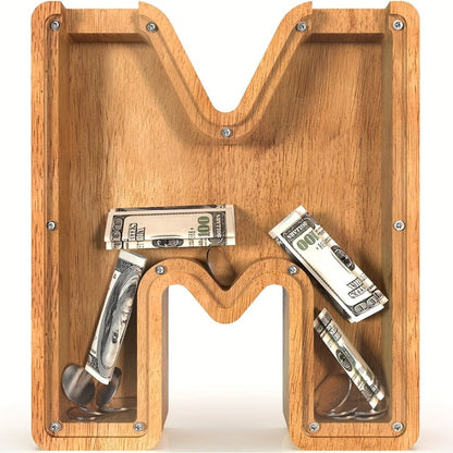 Wooden Alphabet Letter Coin Bank with Clear Front Panel and 23 Fixed Initial Options for Display