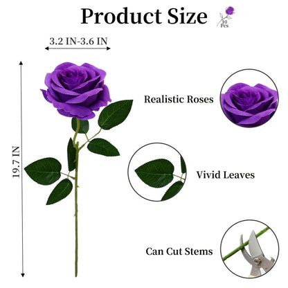 Artificial Flowers 10-Piece Silk Rose Set with 19.69-Inch Bendable Stems in Deep Purple or Dark Green