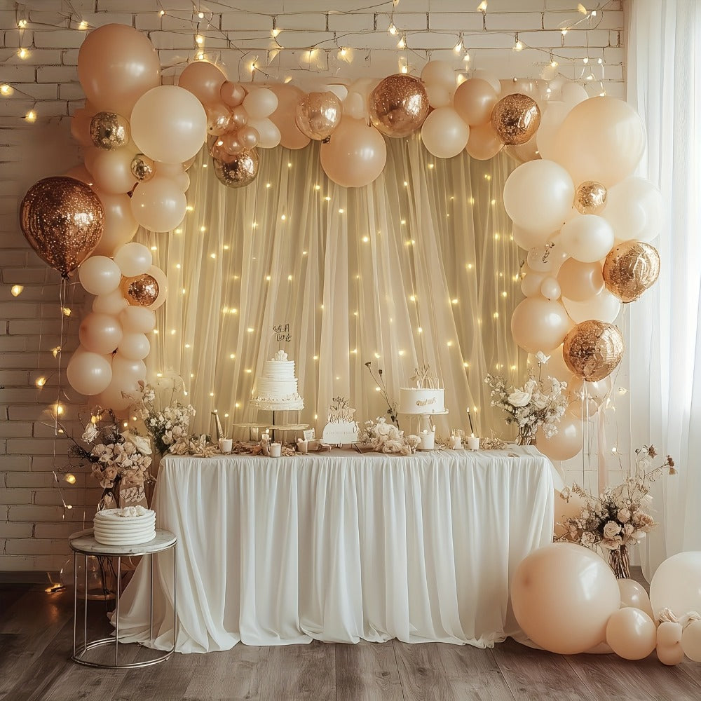 Champagne Tulle Photography Backdrop Set with Two Curtain Panels, USB String Lights and Ten Hooks