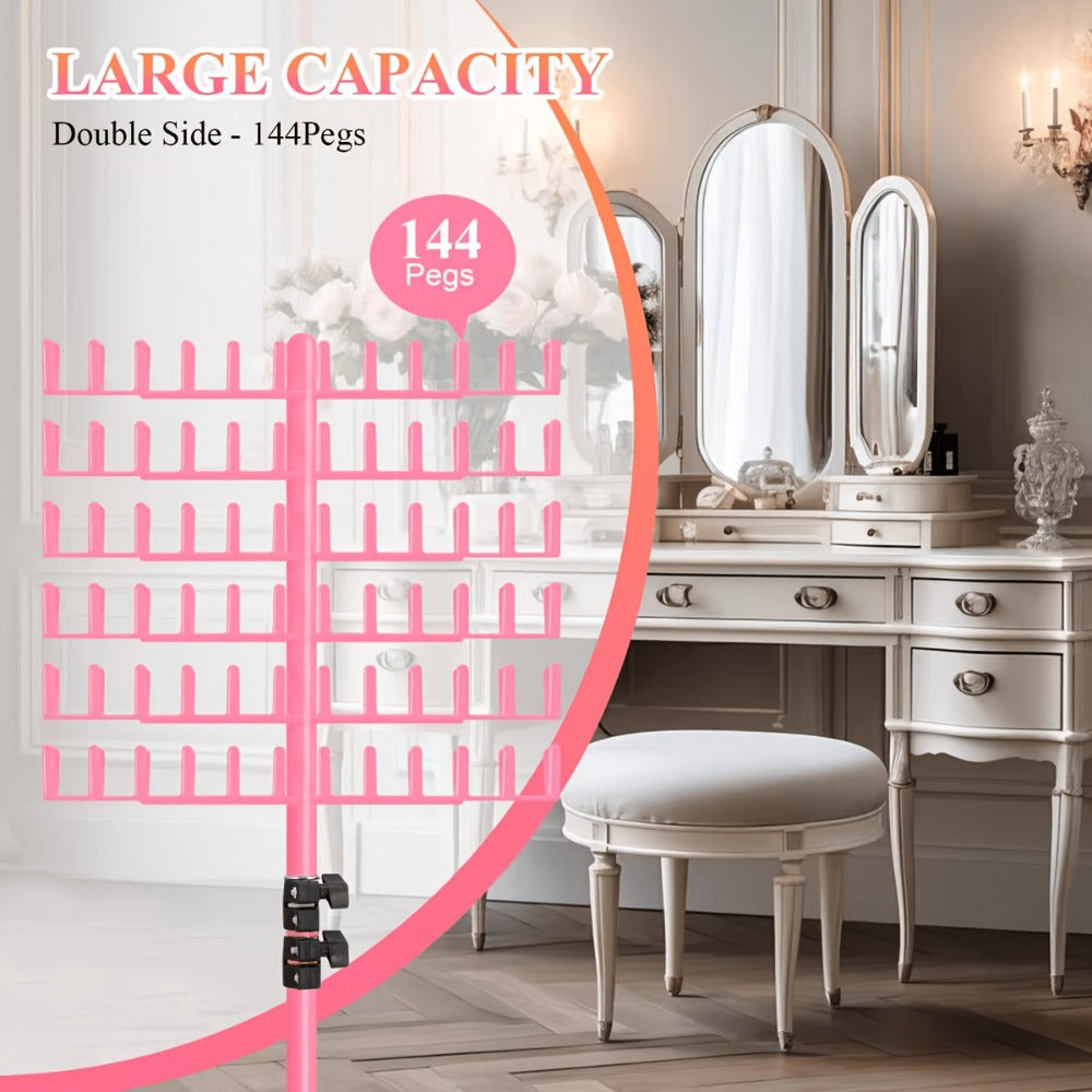 Freestanding Hair Extension Rack with Adjustable 144-Peg Display Grid and Black, White or Pink Stand Options