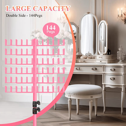 Freestanding Hair Extension Rack with Adjustable 144-Peg Display Grid and Black, White or Pink Stand Options