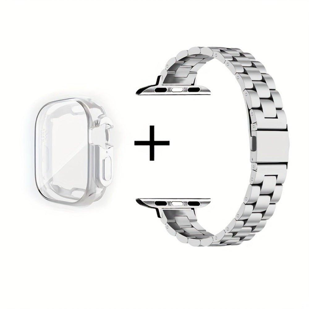 Slim Waist Apple Watch Steel Band & Half Shell Case 3-Piece Set – 2 Stainless Steel Bands + Protective Case Compatible with Apple Watch Series 1–9 SE Ultra 38 40 41 42 44 45 49mm – Gold Silver Rose Black
