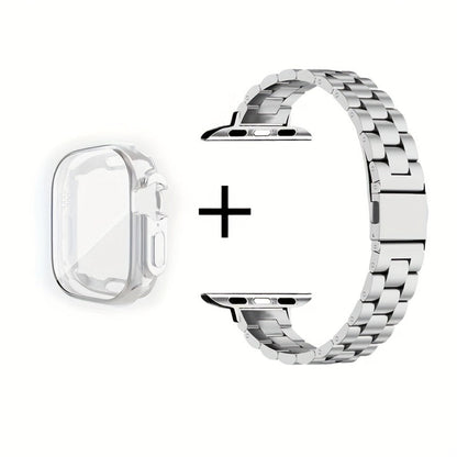 Slim Waist Apple Watch Steel Band & Half Shell Case 3-Piece Set – 2 Stainless Steel Bands + Protective Case Compatible with Apple Watch Series 1–9 SE Ultra 38 40 41 42 44 45 49mm – Gold Silver Rose Black