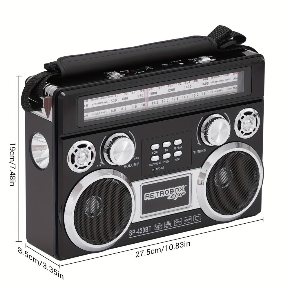 Solar Powered Bluetooth Radio Retro Portable AM FM SW with LED Flashlight, TF SD USB AUX MP3 Playback, Telescopic Antenna & Leather Handle for Camping Emergency Outdoor