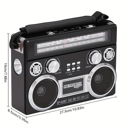 Solar Powered Bluetooth Radio Retro Portable AM FM SW with LED Flashlight, TF SD USB AUX MP3 Playback, Telescopic Antenna & Leather Handle for Camping Emergency Outdoor