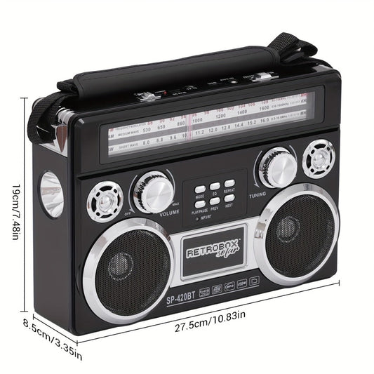 Solar Powered Bluetooth Radio Retro Portable AM FM SW with LED Flashlight, TF SD USB AUX MP3 Playback, Telescopic Antenna & Leather Handle for Camping Emergency Outdoor